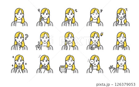 スーツを着た働く若い女性の表情アイコンセット スーツを着た働く若い女性の表情アイコンセット 126379053