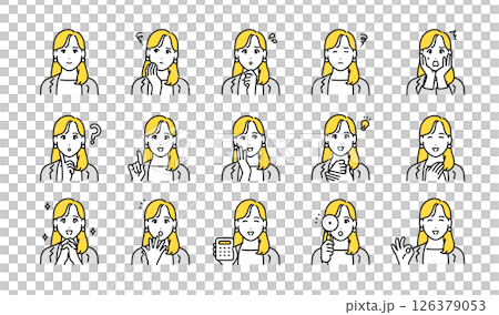 穿著西裝的年輕職業女性的面部表情圖標集 穿著西裝的年輕職業女性的面部表情圖標集 126379053