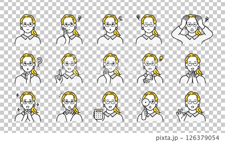 Facial expression icon set of a working fashionable young woman wearing glasses Facial expression icon set of a working fashionable young woman wearing glasses 126379054