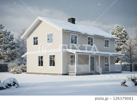 雪に包まれた北欧風の木造住宅5　AI生成画像 126379081