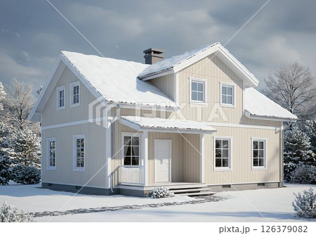雪に包まれた北欧風の木造住宅6　AI生成画像 126379082