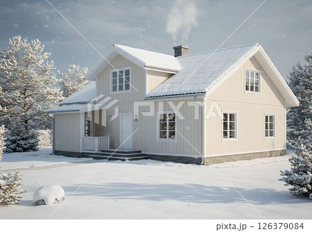 雪に包まれた北欧風の木造住宅8　AI生成画像 126379084