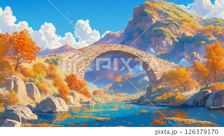 橋がある秋の山の風景、アニメ風 126379170