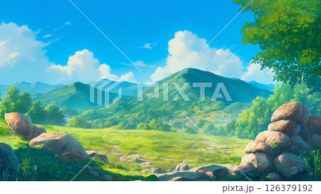 新緑の山の風景、アニメ風 126379192