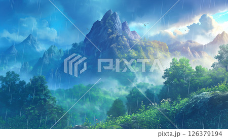 雨が降っている岩山の風景、アニメ風 雨が降っている岩山の風景、アニメ風 126379194