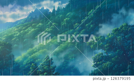 山の木々に雨が降っている風景、アニメ風 126379195