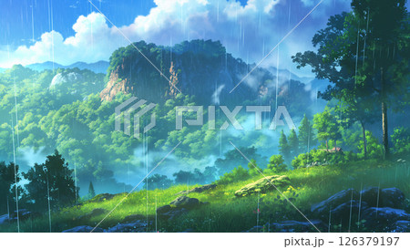 雨が降っている山と森の風景、アニメ風 雨が降っている山と森の風景、アニメ風 126379197