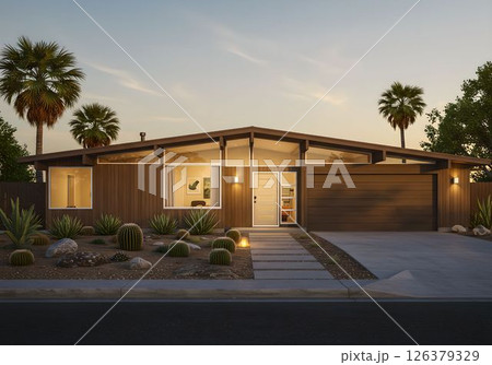 ミッドセンチュリーモダン住宅と砂漠の庭2 AI生成画像 ミッドセンチュリーモダン住宅と砂漠の庭2 AI生成画像 126379329