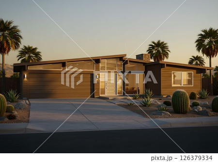 ミッドセンチュリーモダン住宅と砂漠の庭7　AI生成画像 126379334