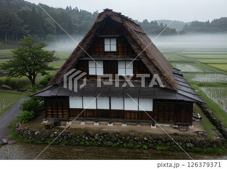 日本の原風景 合掌造りと水田の朝霧2 AI生成画像 日本の原風景 合掌造りと水田の朝霧2 AI生成画像 126379371