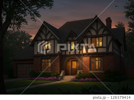 夕暮れに灯る英国風チューダーハウス2　AI生成画像 126379414