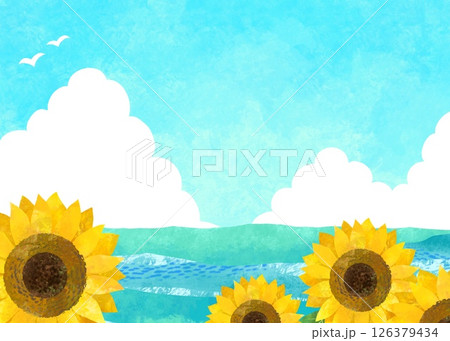 夏の青空と海とひまわり畑のある鮮やかな風景イラスト 夏の青空と海とひまわり畑のある鮮やかな風景イラスト 126379434