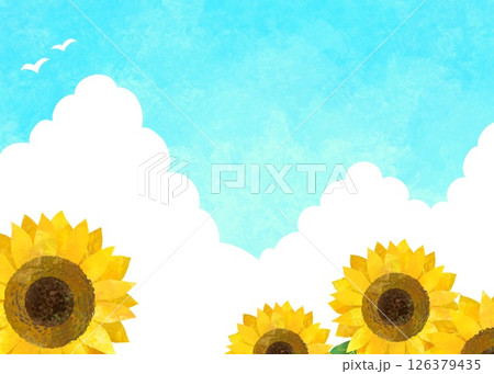 夏の入道雲とひまわり畑の夏イメージイラスト 126379435