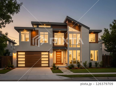モダンデザインが映える夕暮れの邸宅4 AI生成画像 モダンデザインが映える夕暮れの邸宅4 AI生成画像 126379709