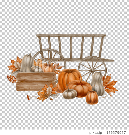 A weathered wooden wagon brimming with plump pumpkins sits beside a rustic crate,surrounded by fallen autumn leaves. Soft watercolor textures in warm earth tones evoke nostalgic harvest memories A weathered wooden wagon brimming with plump pumpkins sits beside a rustic crate,surrounded by fallen autumn leaves. Soft watercolor textures in warm earth tones evoke nostalgic harvest memories 126379937