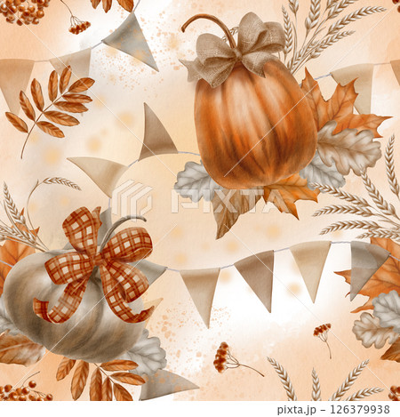 Autumn pumpkins in a seamless pattern in gray and orange with burlap and plaid fabric bows with sprigs and rowan berries,spikelets of wheat and garlands of triangular flags to celebrate the harvest Autumn pumpkins in a seamless pattern in gray and orange with burlap and plaid fabric bows with sprigs and rowan berries,spikelets of wheat and garlands of triangular flags to celebrate the harvest 126379938