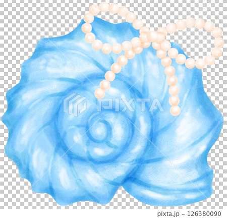 Blue Coquette Curl Conch Sea Shell with Pearl Bow watercolour 126380090