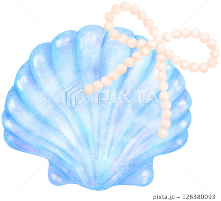 Blue Coquette Clam Seashell with Pearl Bow watercolour Blue Coquette Clam Seashell with Pearl Bow watercolour 126380093