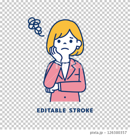 Vector illustration of a young female office worker who is worried with her hands on her face_Line width can be edited 126380357