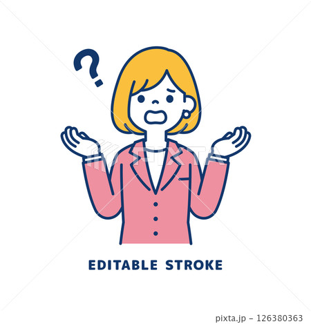 なぜ？と肩をすくめる、若い女性会社員のベクターイラスト素材＿線幅の編集可能 126380363