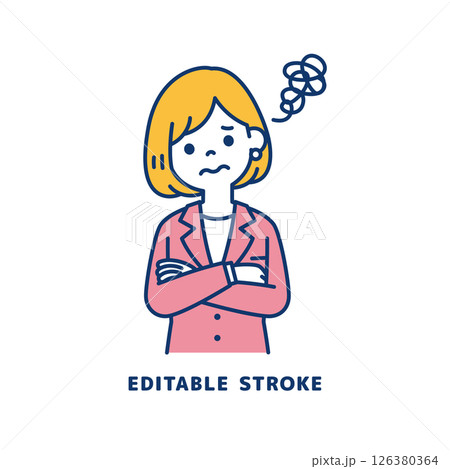 うつむいて困惑する、若い女性会社員のベクターイラスト素材＿線幅の編集可能 126380364