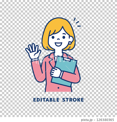 向量圖上一位年輕女職員揮手致意_線寬可以編輯 126380365
