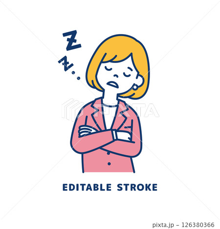 ウトウトと居眠りをする、若い女性会社員のベクターイラスト素材＿線幅の編集可能 126380366