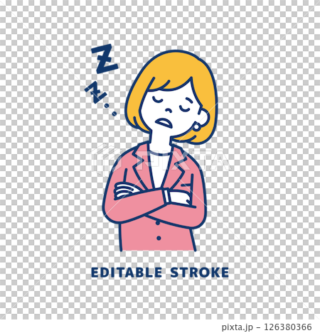 ウトウトと居眠りをする、若い女性会社員のベクターイラスト素材＿線幅の編集可能 126380366