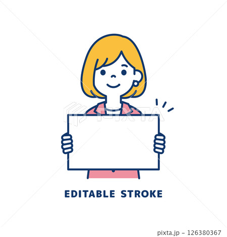 メッセージボードを持つ、若い女性会社員のベクターイラスト素材＿線幅の編集可能 126380367