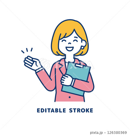 資料を片手に持って説明する、若い女性会社員のベクターイラスト素材_線幅の編集可能 資料を片手に持って説明する、若い女性会社員のベクターイラスト素材_線幅の編集可能 126380369