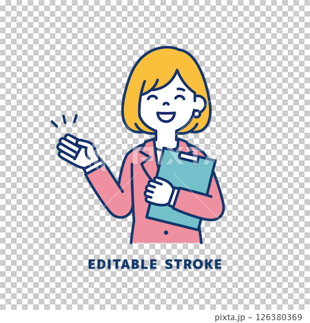 一位年輕女職員一手拿著文件解釋某事的向量插圖_線寬可以編輯 126380369