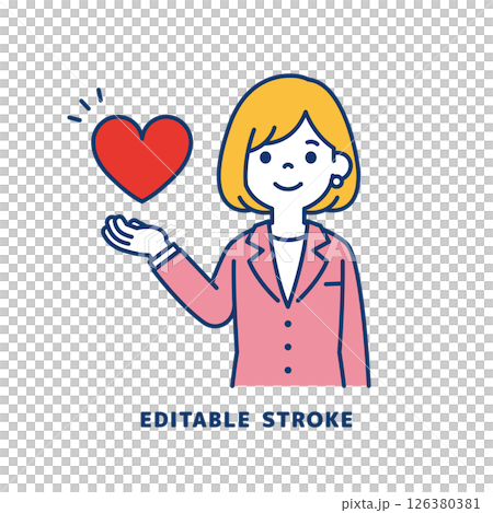 片手でハートを持つ、若い女性会社員のベクターイラスト素材_線幅の編集可能 片手でハートを持つ、若い女性会社員のベクターイラスト素材_線幅の編集可能 126380381