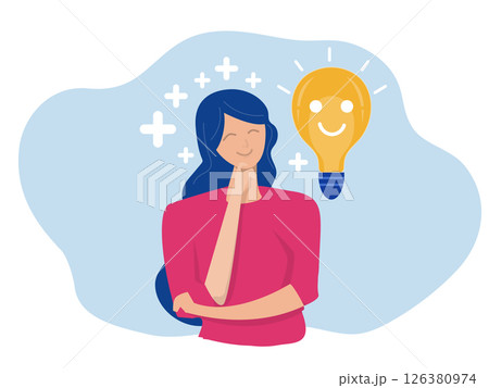 Positive thinking, optimistic mindset or good attitude happy woman smiling lightbulb idea with positive vibes around 126380974