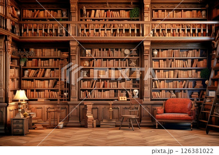 古い本棚のがある図書館 126381022