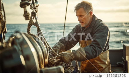 Fisherman at work on boat deck, focused marine work with heavy equipment. Work 126381298
