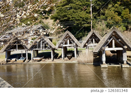 水面に映る合掌造りの船小屋 水面に映る合掌造りの船小屋 126381348