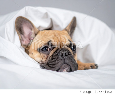 a small french bulldog snuggled up in big bed a small french bulldog snuggled up in big bed 126381408