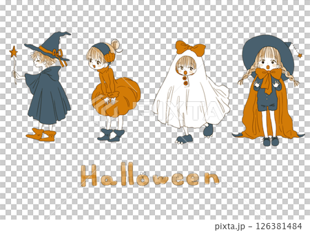 萬聖節服裝的復古女孩（透明背景） 126381484