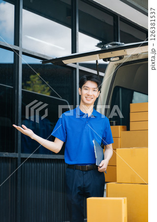 Portrait of courier delivery man searching the address on digital tablet. Delivery service, 126381537