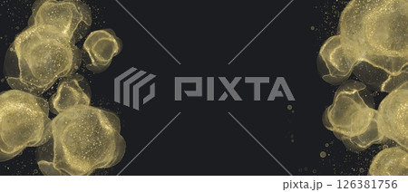 秋冬用ダーク抽象横長バナー。黒背景の左右に金色の丸いアルコールインクアート 126381756