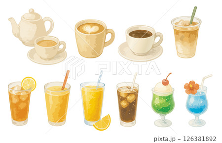 水彩風ドリンクのイラストセット|カフェ・夏メニュー・SNS素材に使える飲み物アソート 水彩風ドリンクのイラストセット|カフェ・夏メニュー・SNS素材に使える飲み物アソート 126381892