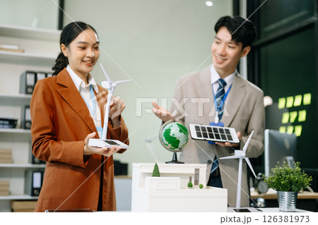 Discussion among businesspeople on the latest developments in solar cell panel technology and Solar Energy Discussion among businesspeople on the latest developments in solar cell panel technology and Solar Energy 126381973