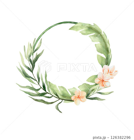 Tropical wreath with palm leaves and plumeria flowers, watercolor. Hand drawn vector illustration. For banners, cards, invitations, posters, labels. Tropical wreath with palm leaves and plumeria flowers, watercolor. Hand drawn vector illustration. For banners, cards, invitations, posters, labels. 126382296