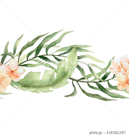 Palm branches and plumeria flowers seamless border, watercolor. Hand drawn vector illustration. For tropical banners, fabric, wrapping paper, wallpaper, covers, textiles. 126382297