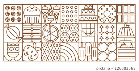 Abstract dessert and chocolate geometric pattern. Vector modular tile background with sweet cupcake, donut, ice cream, cookie, cake and fruit. Linear layout of pastry and candy icons in square outline 126382365