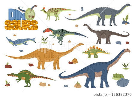 Cartoon dinosaur and dino animals characters with prehistoric jungle plants and jurassic volcano rocks. Vector cute giant aragosaurus, aegyptosaurus and amygdalodon dinosaurs and baby dino in egg 126382370