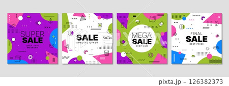 Sale Memphis banners set. Vector vibrant square templates with geometric patterns, featuring mega discount offers. Seasonal shopping promotions with vibrant colors to catch shoppers attention 126382373