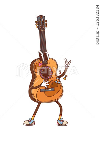 Cartoon groovy guitar musical character. Isolated vector funky retro guitarron personage with musical notes, playing on itself and whistling with a cool 70s laid back funky vibe and quirky expression 126382384