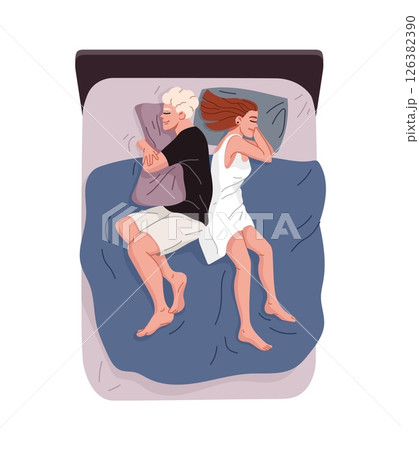 Couple sleeping back to back in bed, top down view. Cartoon flat vector scene exudes peaceful atmosphere with relaxed body language showing comfort, routine, and intimacy in shared sleep space 126382390