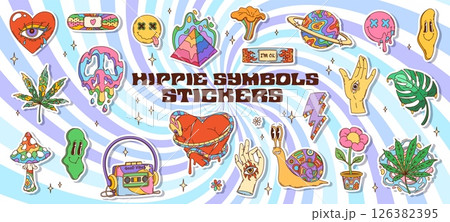 Retro hippie groovy stickers pack of vector psychedelic rainbow symbols. Cartoon funky smile emojis, mushroom and dripping peace signs, heart and hands with eyes. Groovy hippy flower, planet stickers 126382395